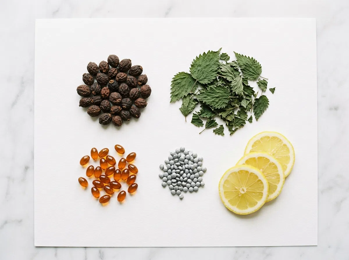 Flat-lay of saw palmetto berries, nettle leaves and zinc capsules - plant-based men's health capsules ingredients